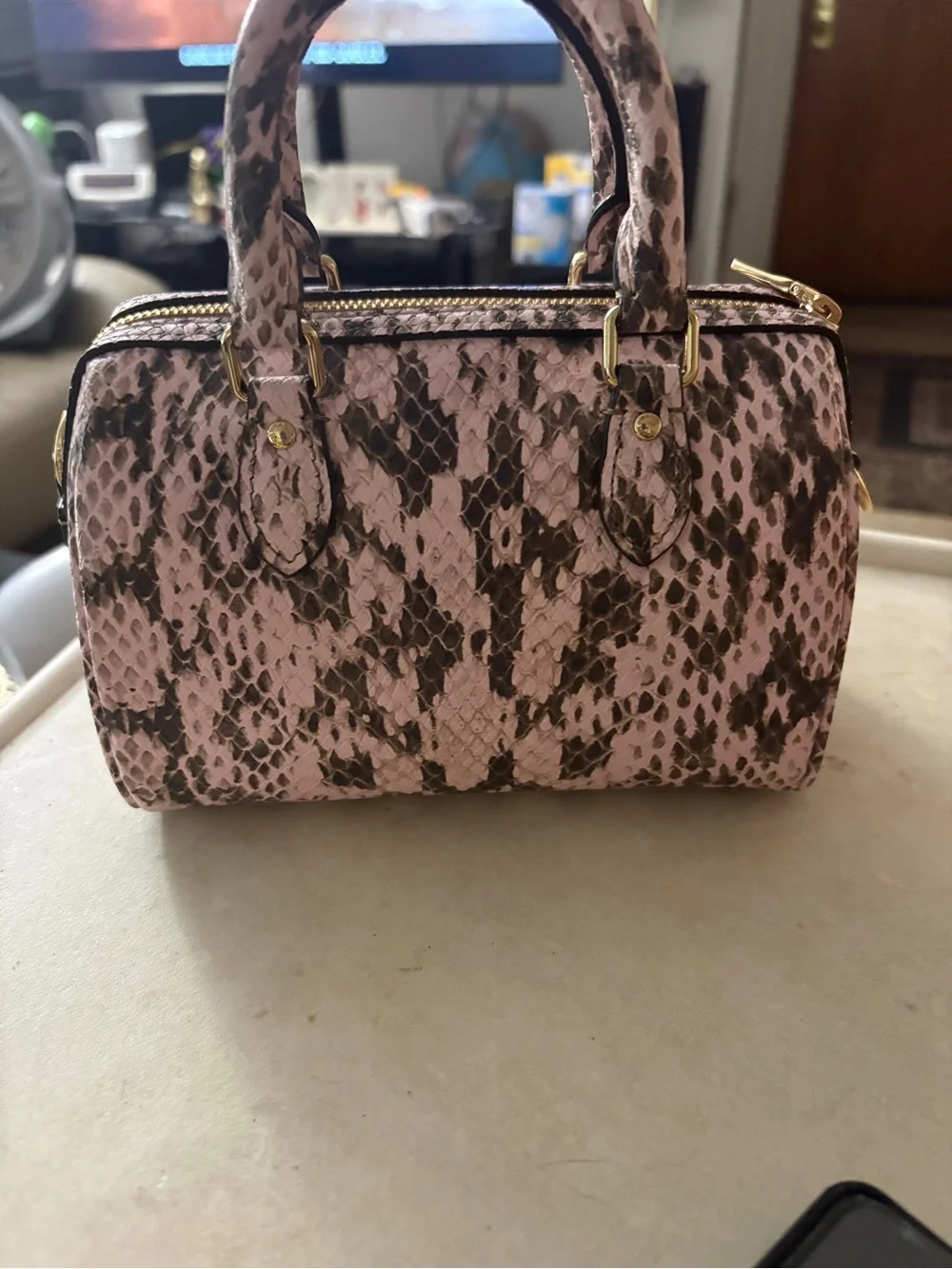 Coach mini Rowan pink Snake-Print Satchel with Detachable Strap